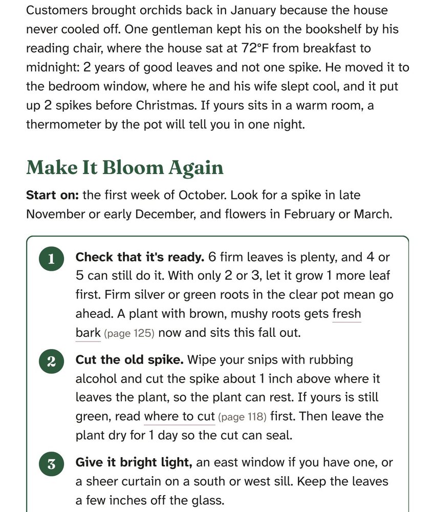 A book page with numbered steps to make a plant bloom again